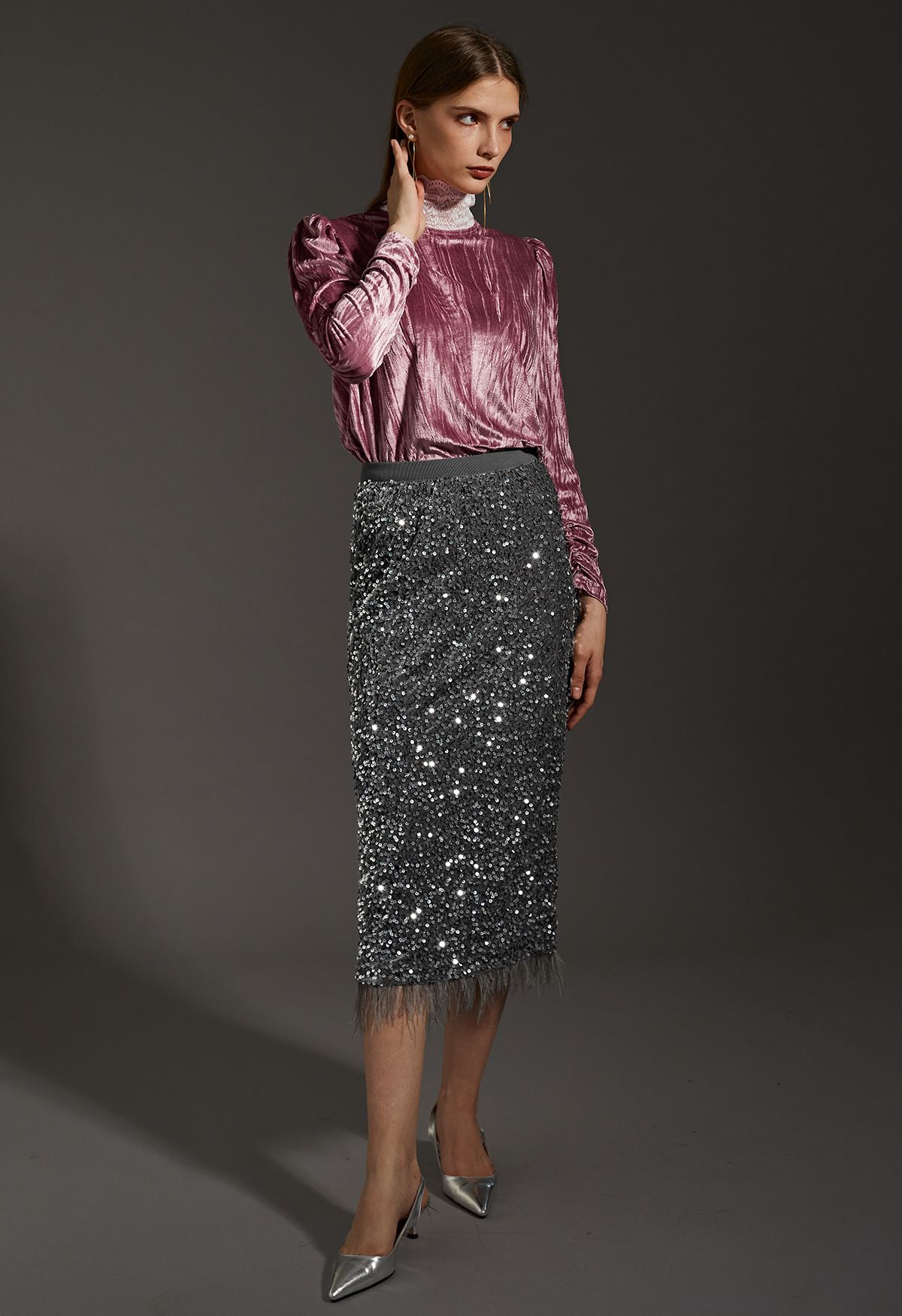 Velvet Sequined Feathered Hem Pencil Skirt in Grey - Retro, Indie and ...