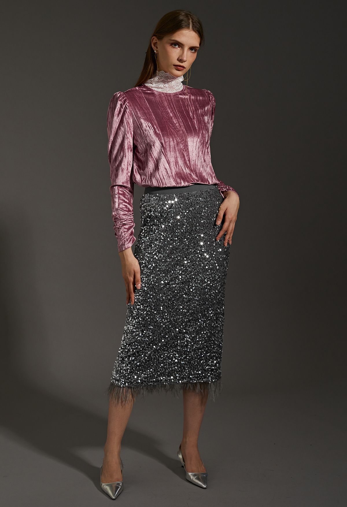 Velvet Sequined Feathered Hem Pencil Skirt in Grey - Retro, Indie and ...