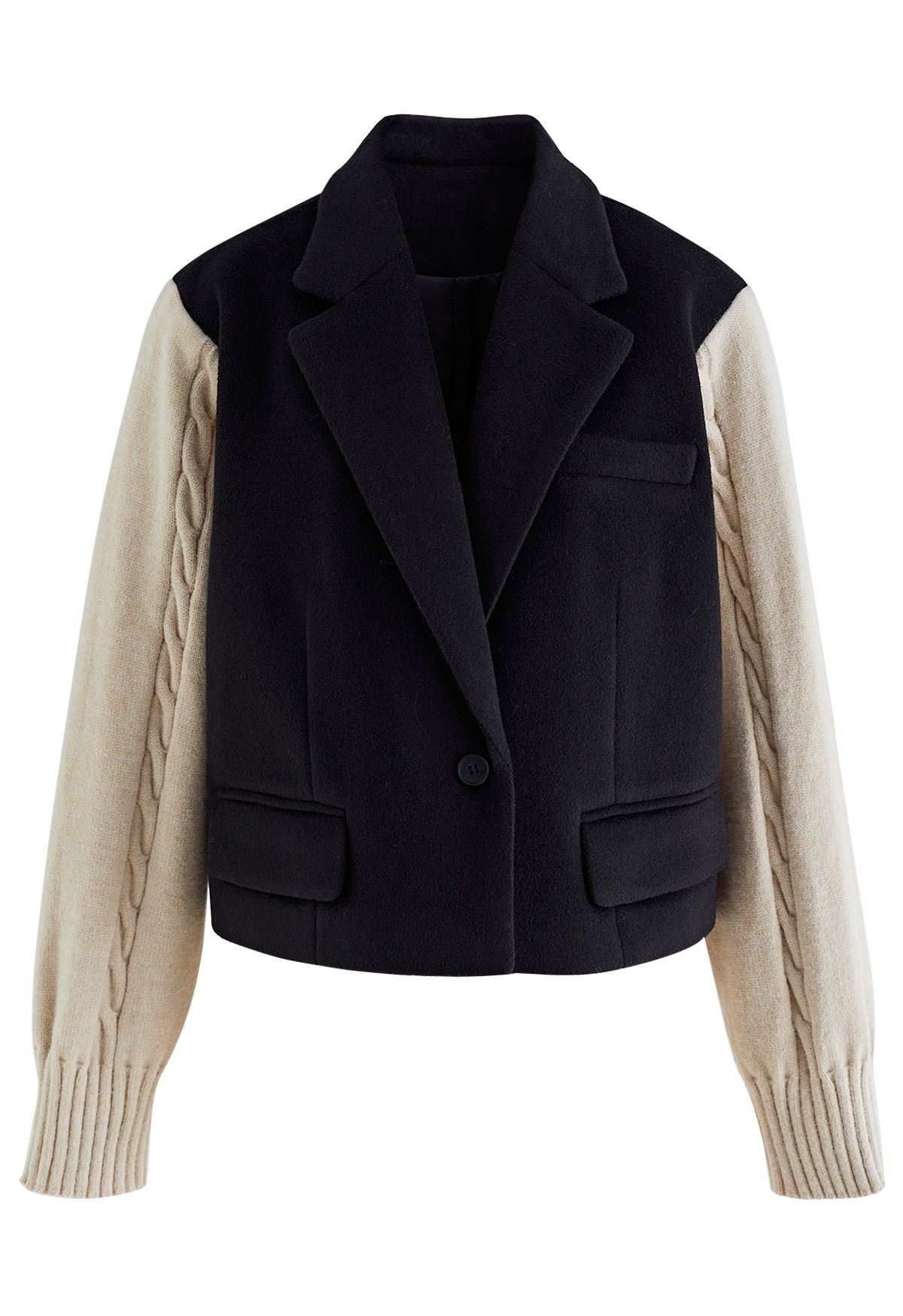 Cable Knit Sleeve Wool-Blend Crop Blazer in Black