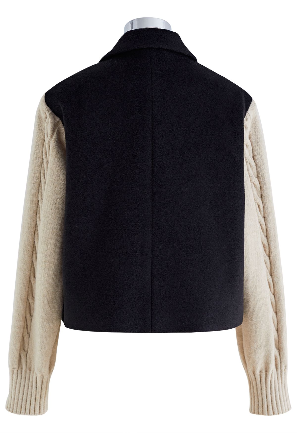 Cable Knit Sleeve Wool-Blend Crop Blazer in Black