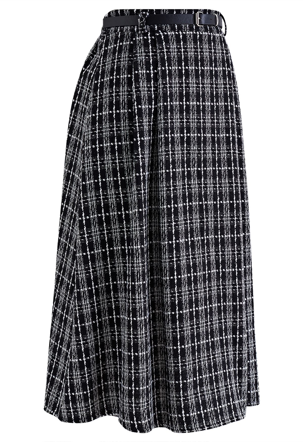 Grid Belted Flare Tweed Midi Skirt in Black