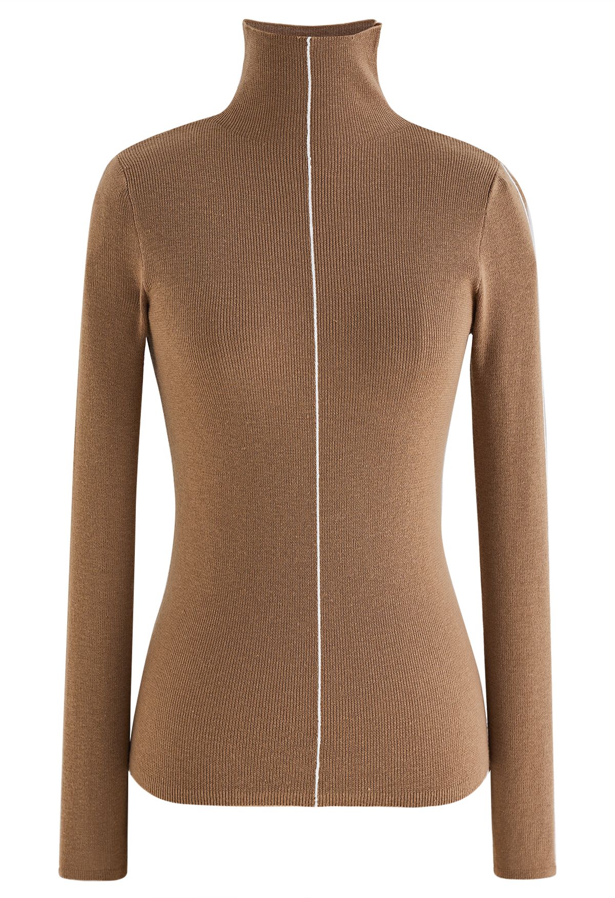 White Line High Neck Knit Top in Camel