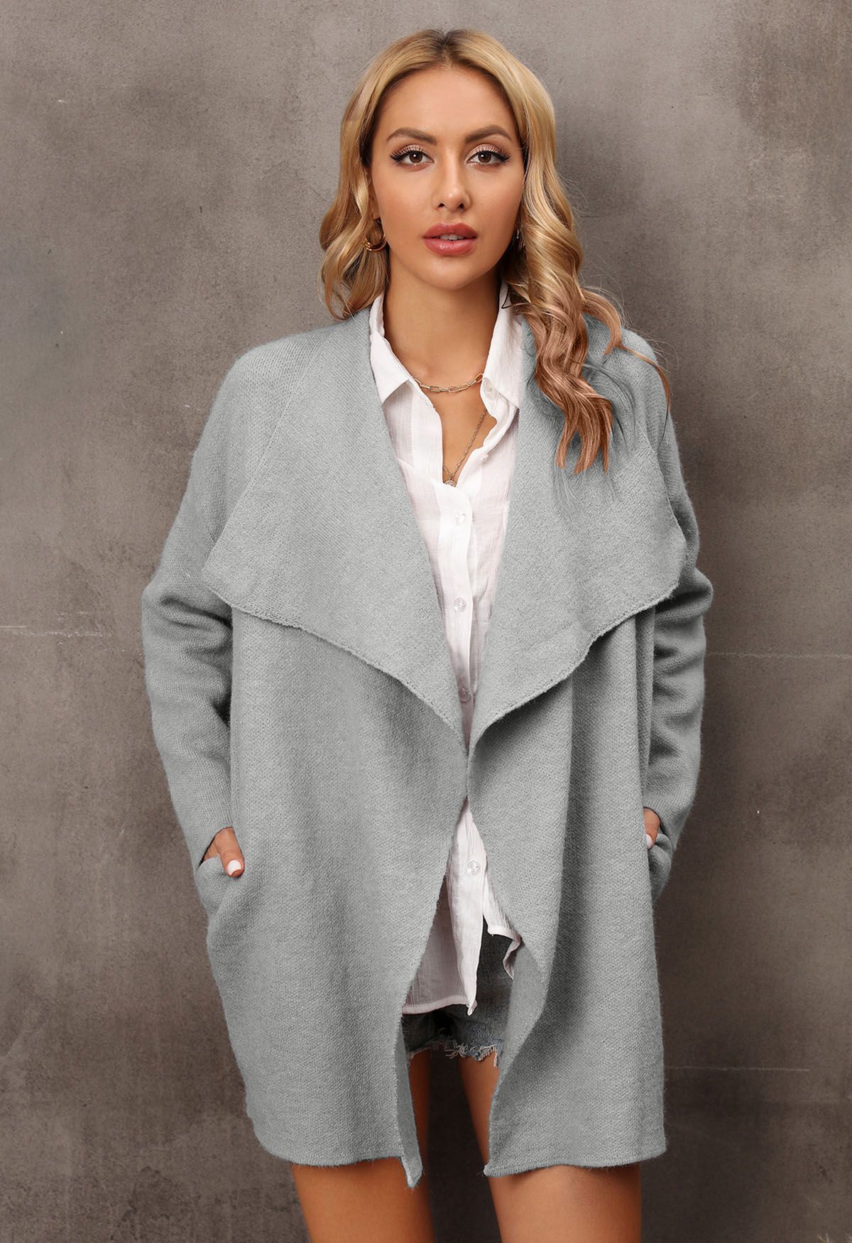 Wide Lapel Loose Knit Cardigan in Grey - Retro, Indie and Unique Fashion