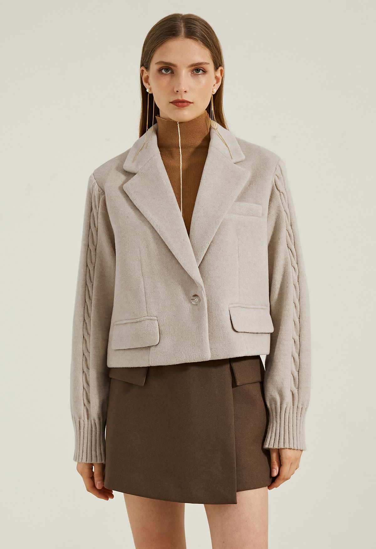 Cable Knit Sleeve Wool-Blend Crop Blazer in Oatmeal