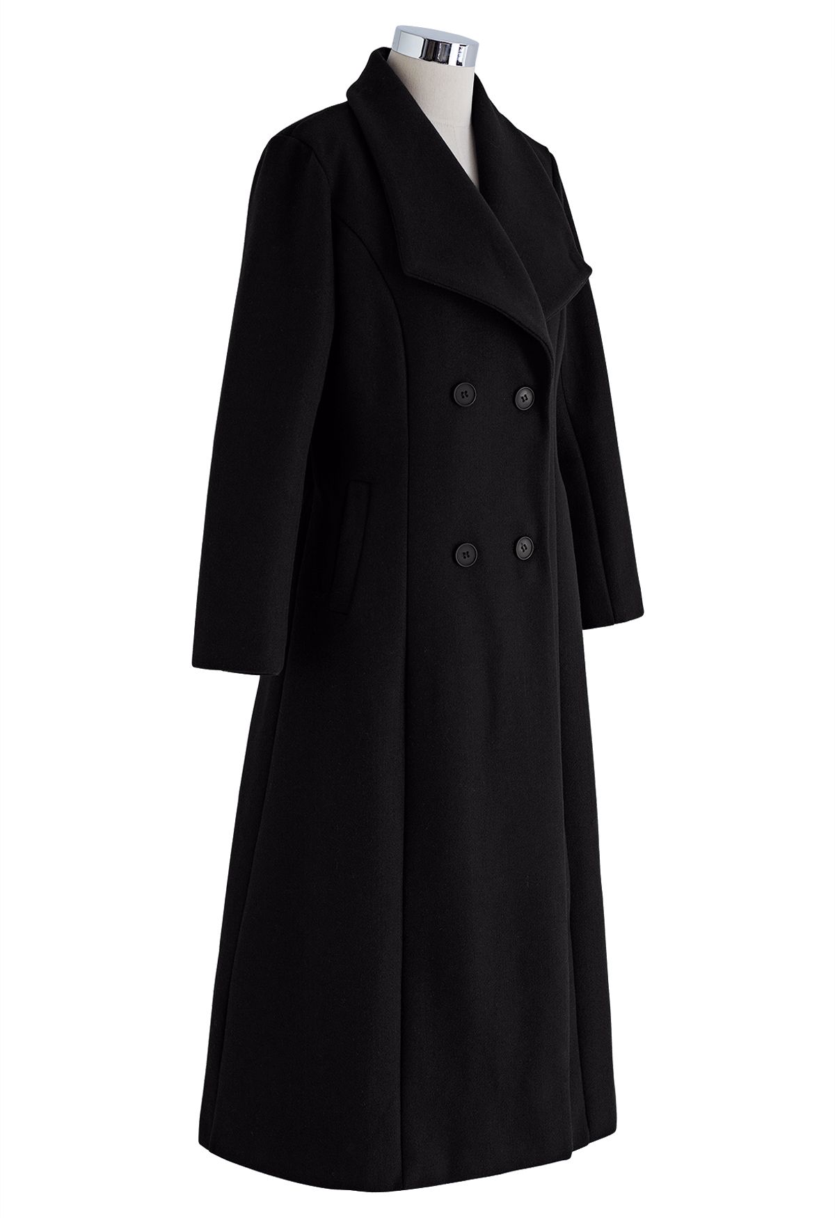 Wide Lapel Double-Breasted Flare Longline Coat in Black - Retro, Indie ...