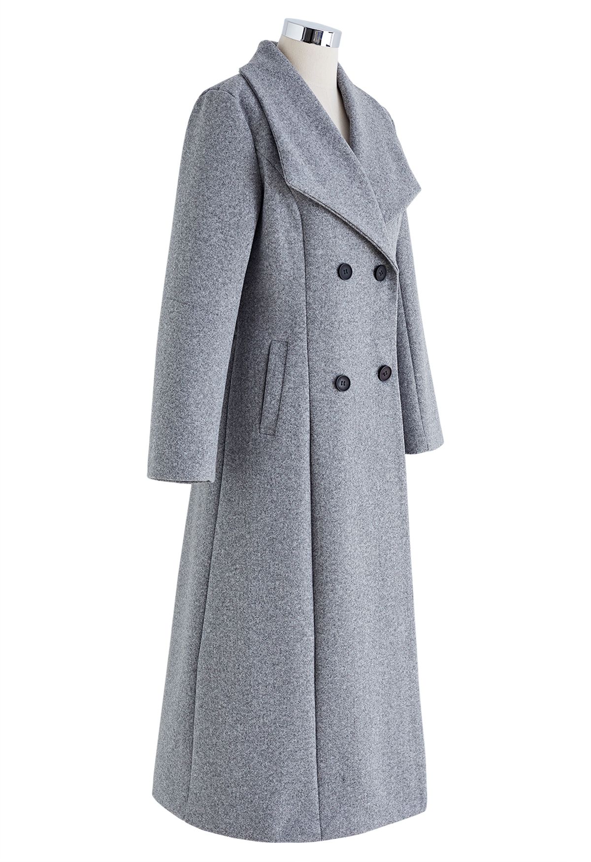 Wide Lapel Double-Breasted Flare Longline Coat in Grey