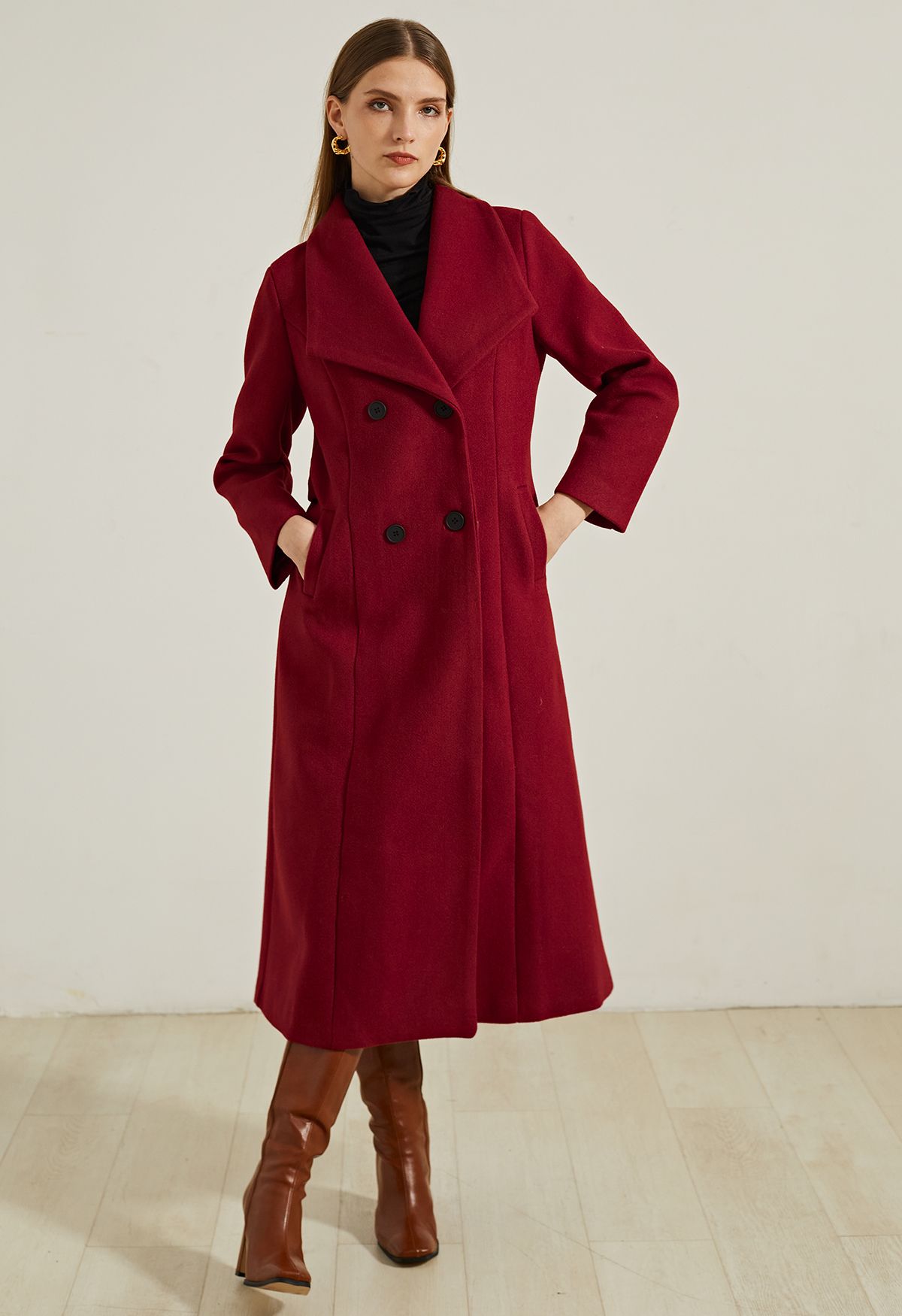 Wide Lapel Double-Breasted Flare Longline Coat in Red - Retro, Indie ...