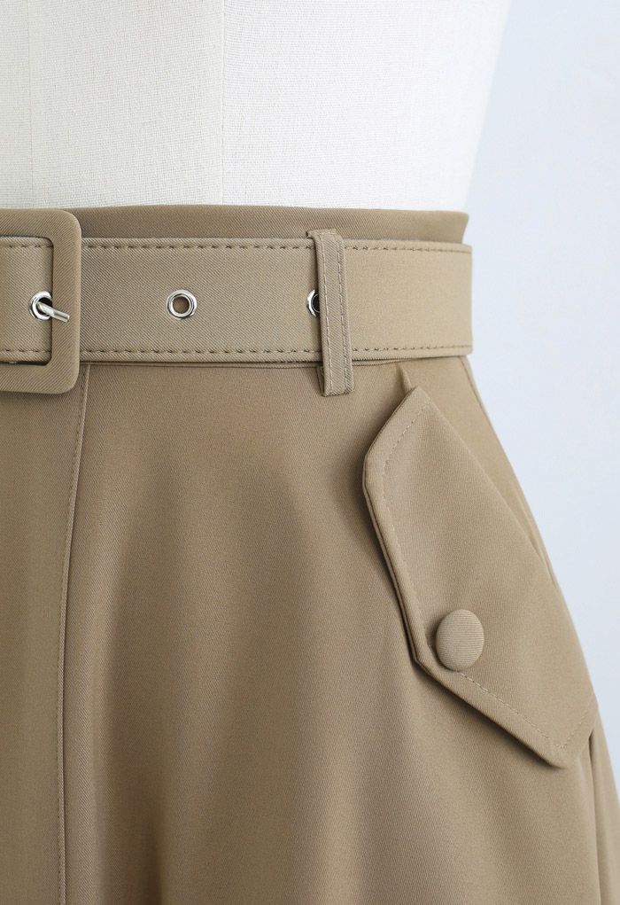 High Waist Side Pocket Belted Skirt in Khaki