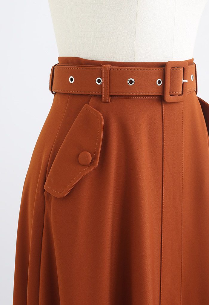 High Waist Side Pocket Belted Skirt in Rust Red