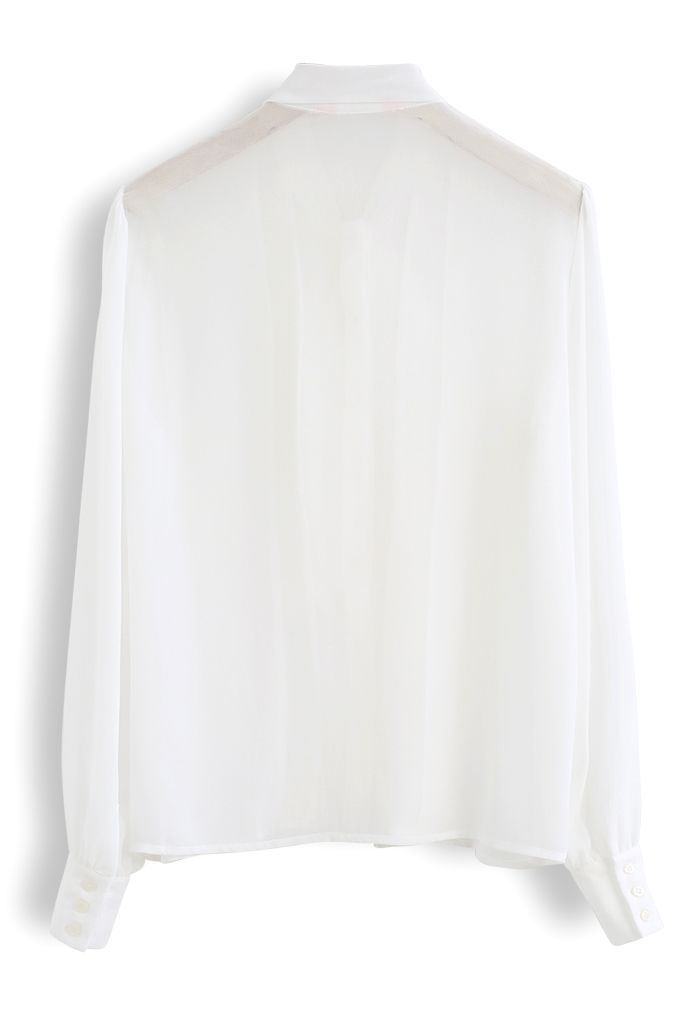 Self-Tie Bowknot Semi-Sheer Chiffon Shirt in White