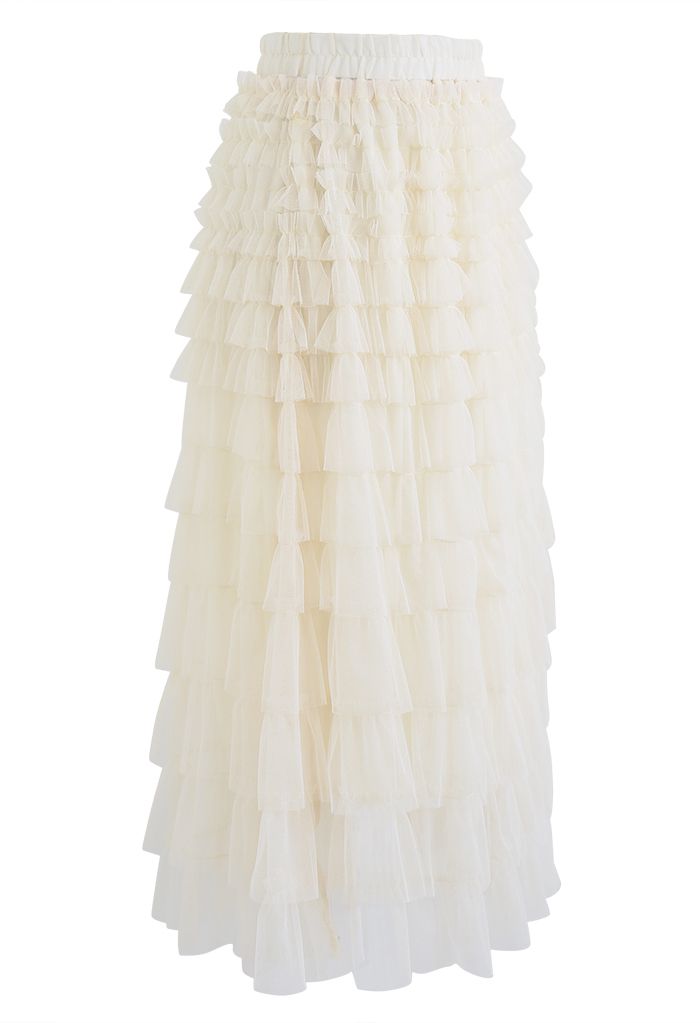 Adorable Tiered Ruffle Mesh Tulle Skirt in Cream