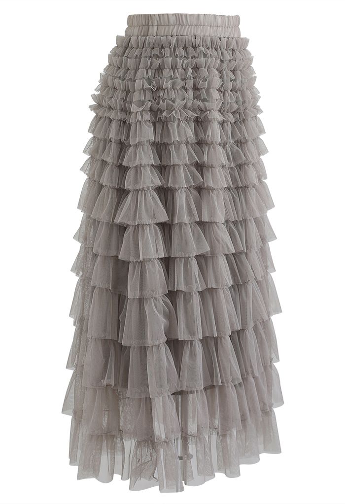 Adorable Tiered Ruffle Mesh Tulle Skirt in Taupe