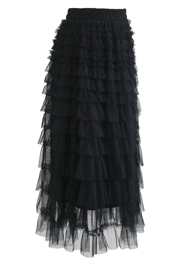 Adorable Tiered Ruffle Mesh Tulle Skirt in Black