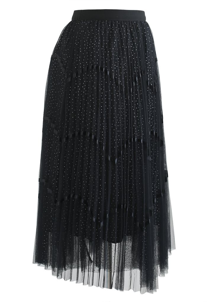 Scalloped Ribbon Shimmer Dot Mesh Skirt in Black
