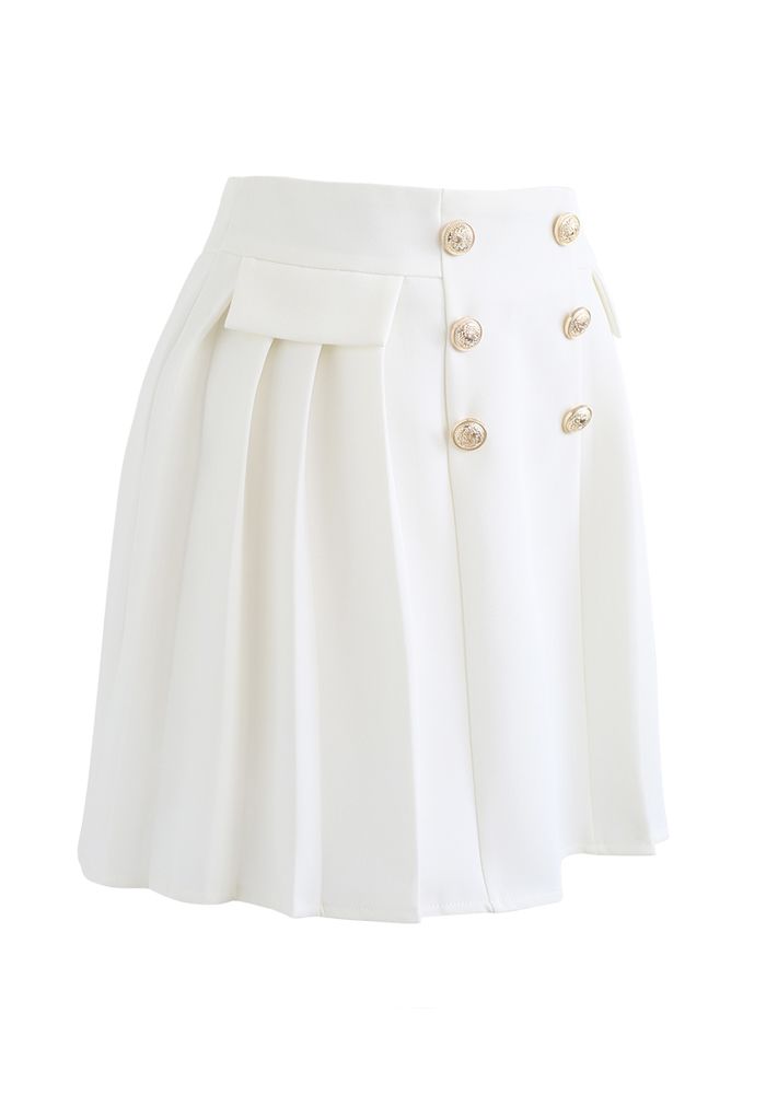 Subtle Golden Button Pleated Mini Skirt in White - Retro, Indie and ...