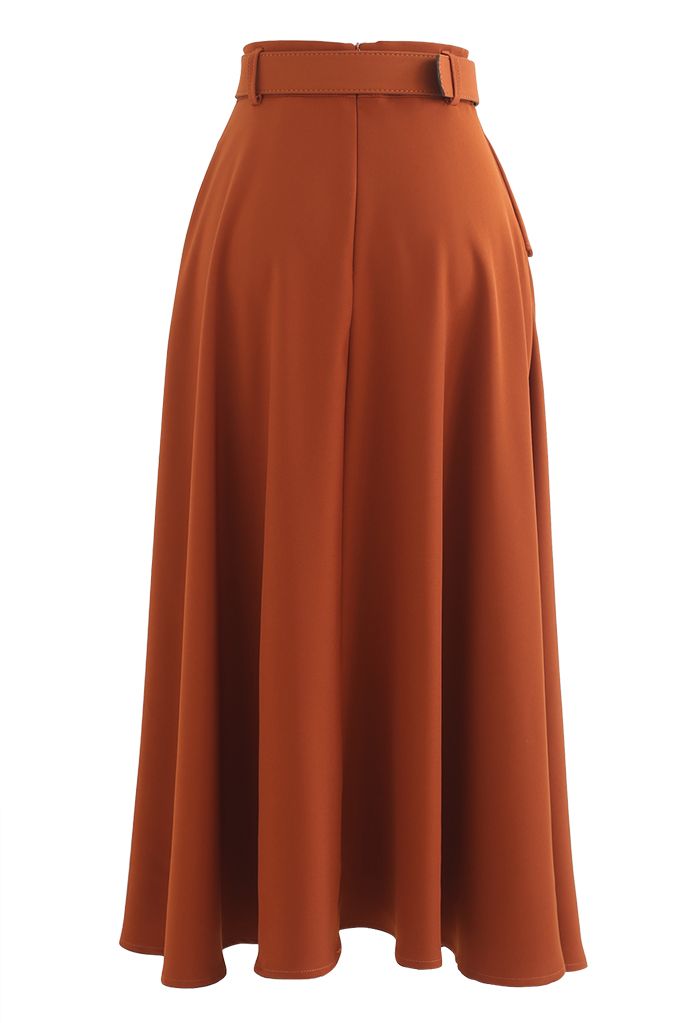 High Waist Side Pocket Belted Skirt in Rust Red - Retro, Indie and ...