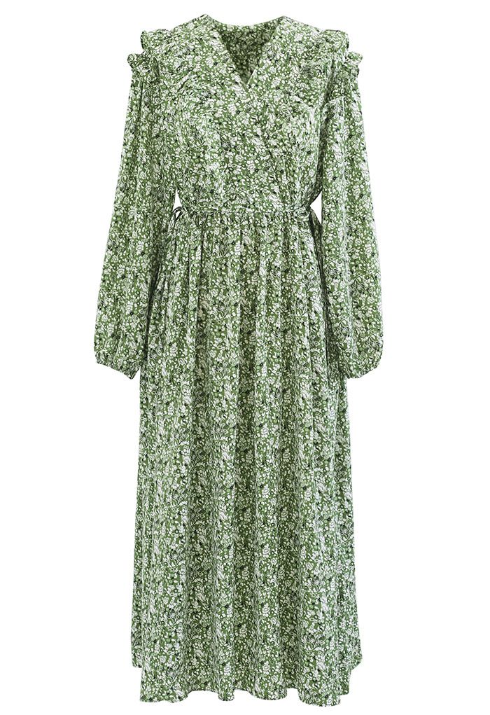 V-Neck Ditsy Floral Print Midi Dress in Green