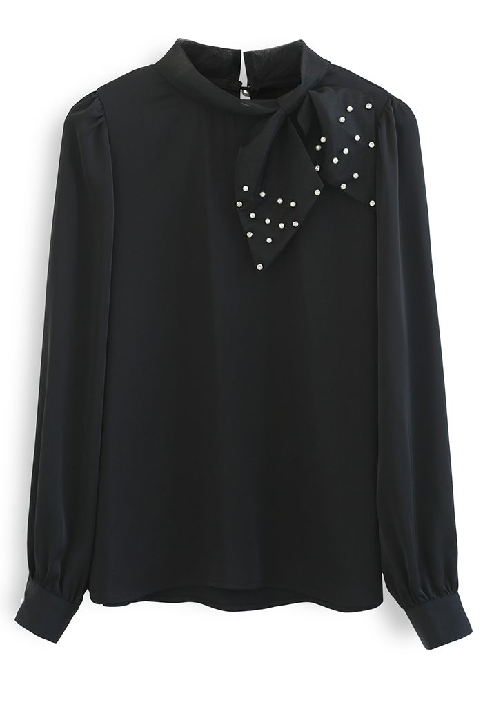 Pearly Mesh Bowknot Satin Shirt in Black - Retro, Indie and Unique Fashion