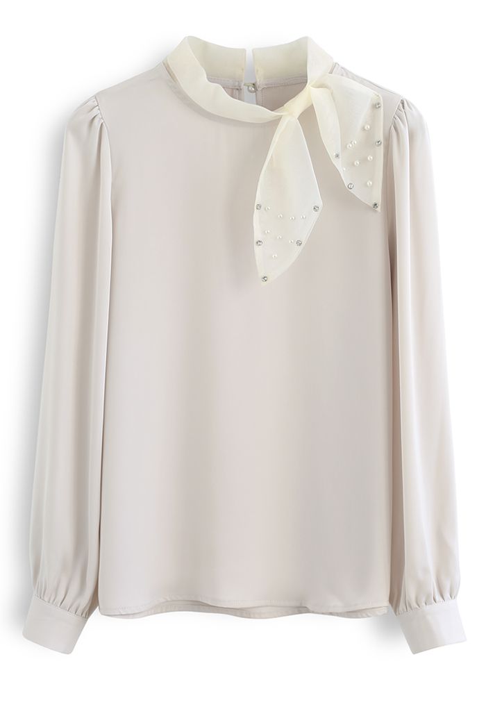 Pearly Mesh Bowknot Satin Shirt in Cream