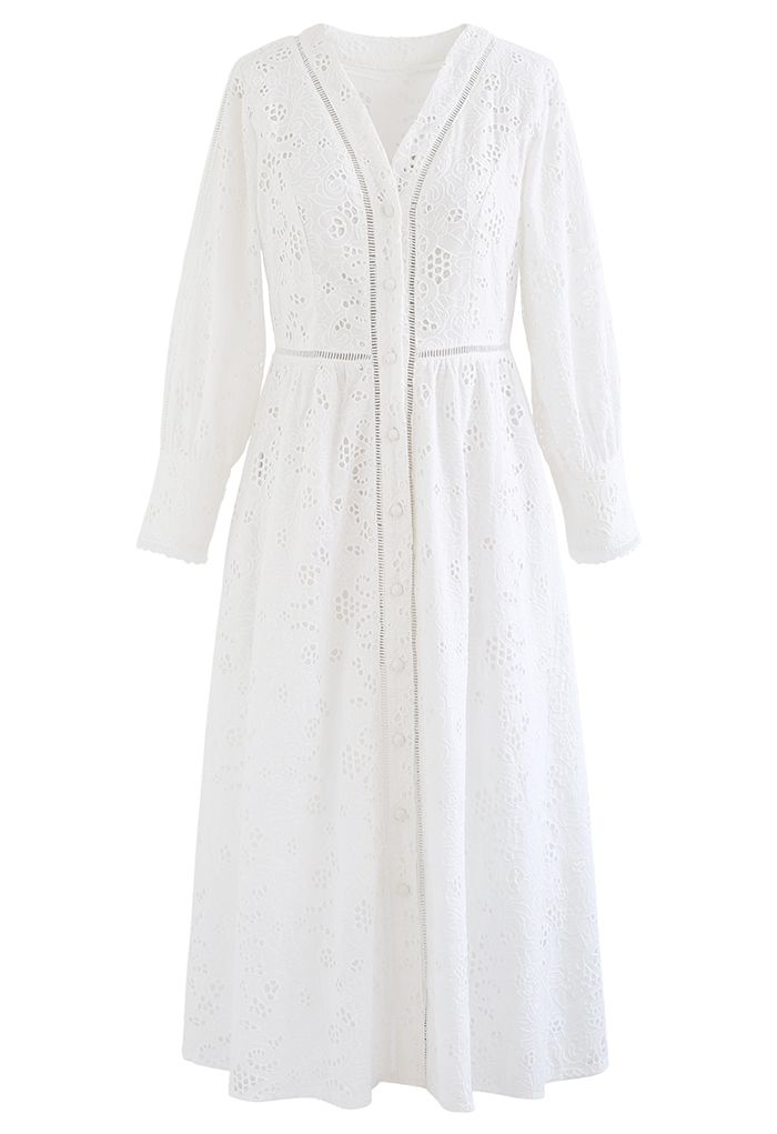 Solid White Embroidery Eyelet Midi Dress - Retro, Indie and Unique Fashion