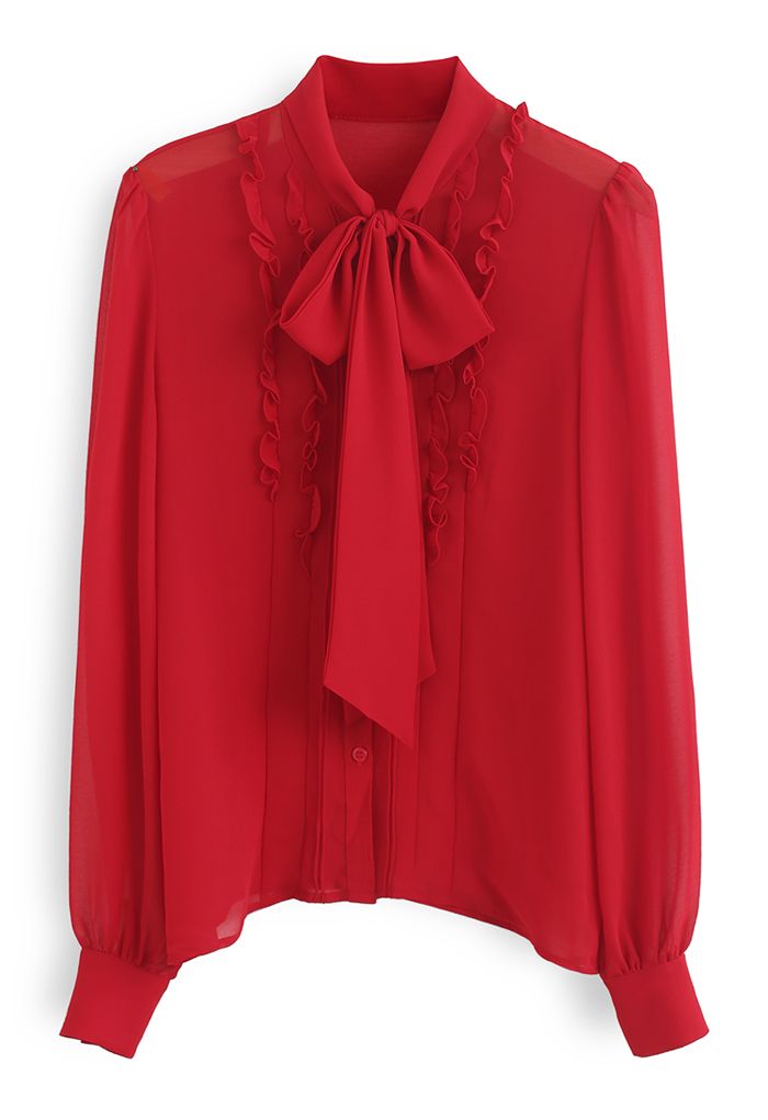 Self-Tie Bowknot Semi-Sheer Chiffon Shirt in Red