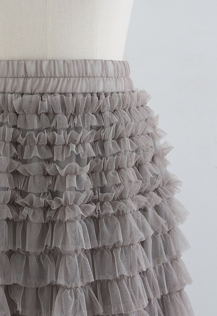 Adorable Tiered Ruffle Mesh Tulle Skirt in Taupe
