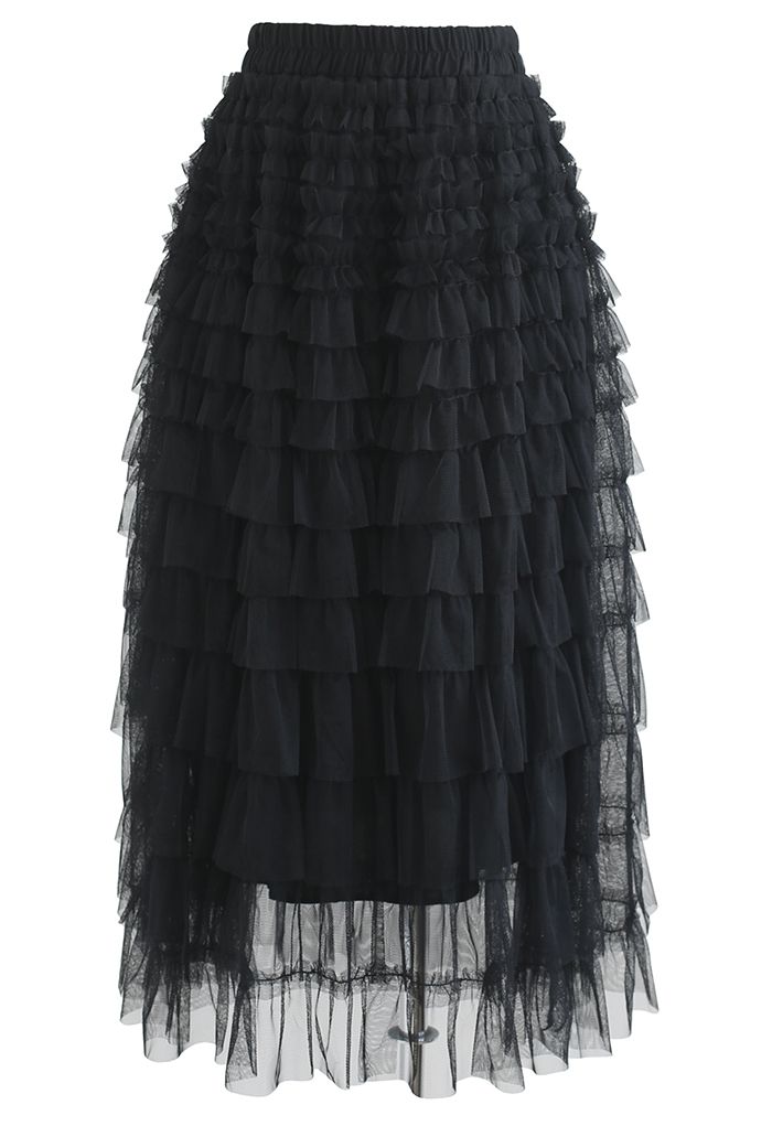 Adorable Tiered Ruffle Mesh Tulle Skirt in Black