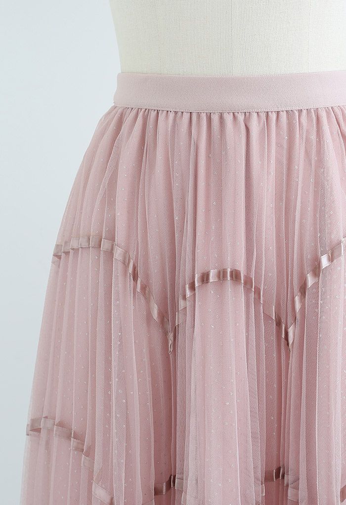 Scalloped Ribbon Shimmer Dot Mesh Skirt in Pink
