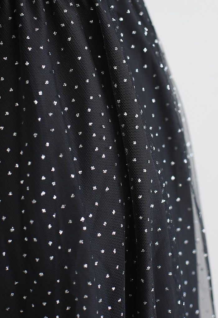 Scalloped Ribbon Shimmer Dot Mesh Skirt in Black