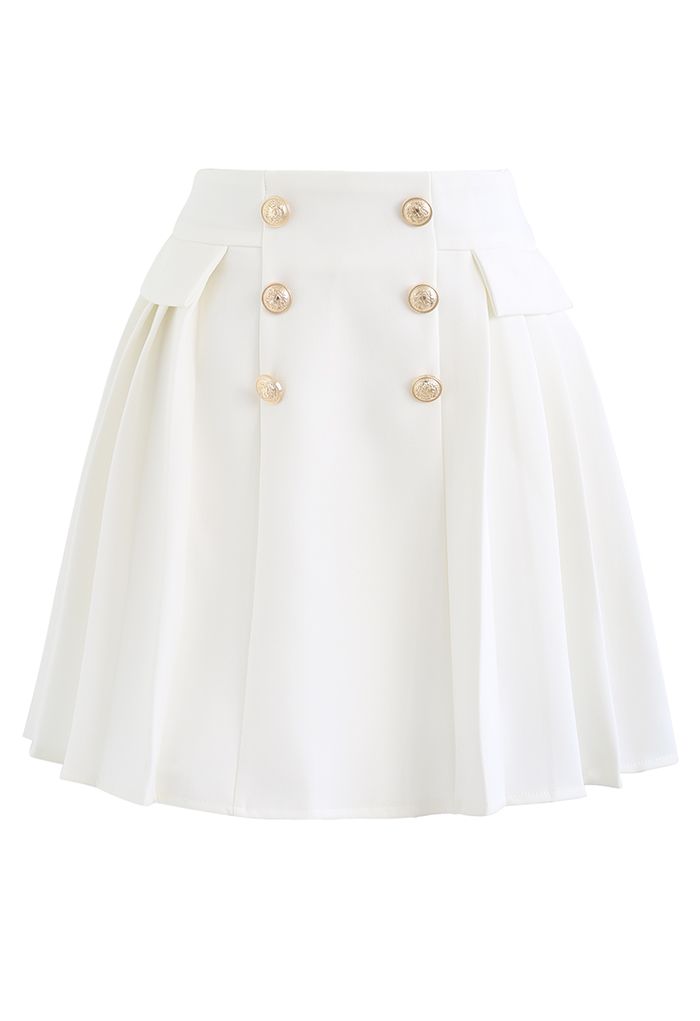 Subtle Golden Button Pleated Mini Skirt in White - Retro, Indie and ...
