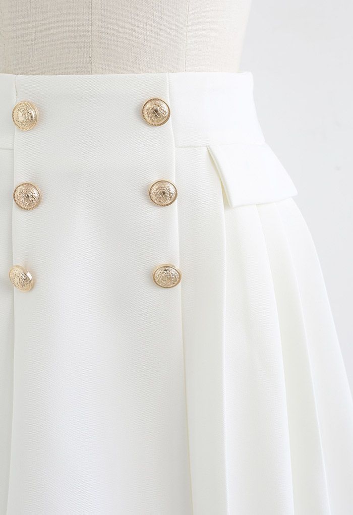 Subtle Golden Button Pleated Mini Skirt in White