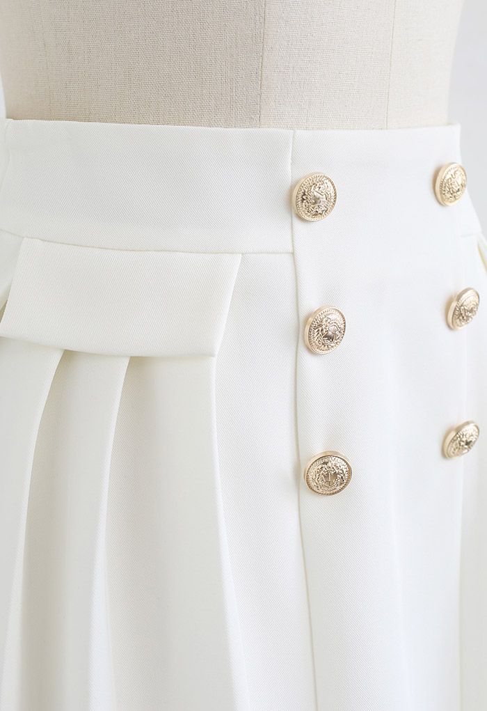 Subtle Golden Button Pleated Mini Skirt in White