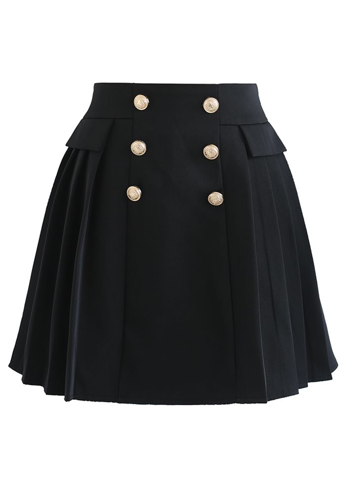 Subtle Golden Button Pleated Mini Skirt in Black - Retro, Indie and ...