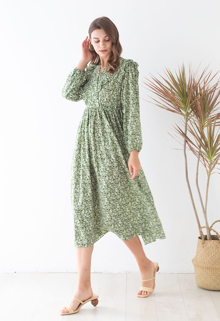 V-Neck Ditsy Floral Print Midi Dress in Green