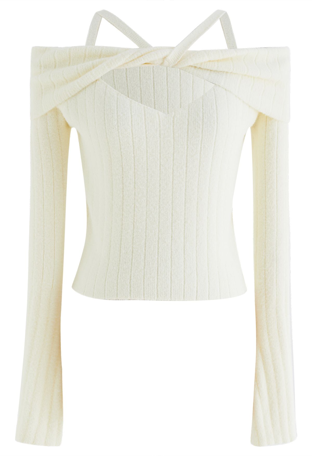 Cold-Shoulder Twist Cutout Crop Knit Top in Cream - Retro, Indie and ...
