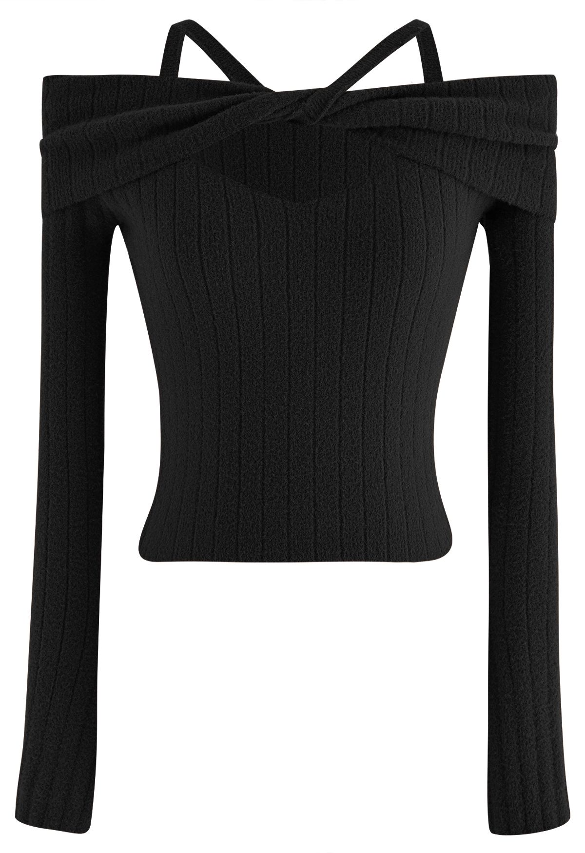 Cold-Shoulder Twist Cutout Crop Knit Top in Black - Retro, Indie and ...