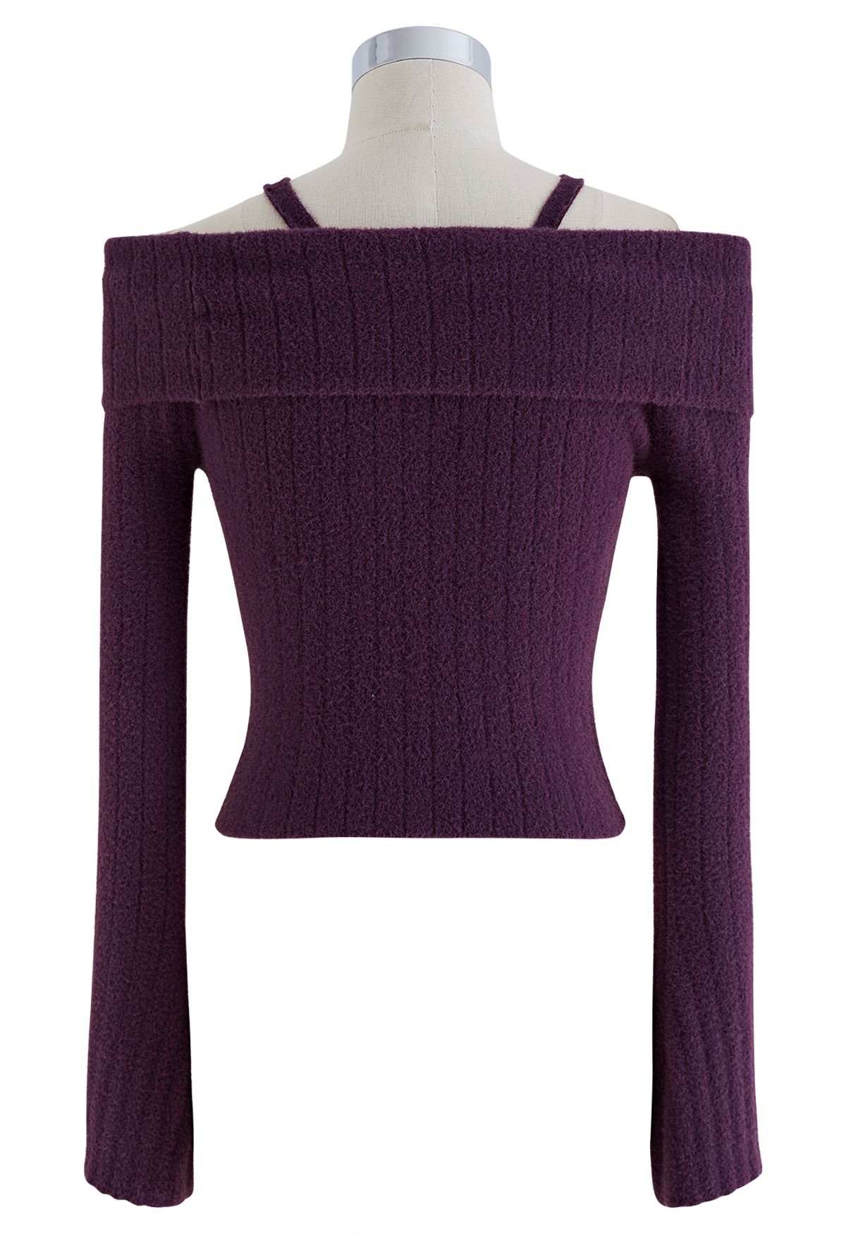 Cold-Shoulder Twist Cutout Crop Knit Top in Purple