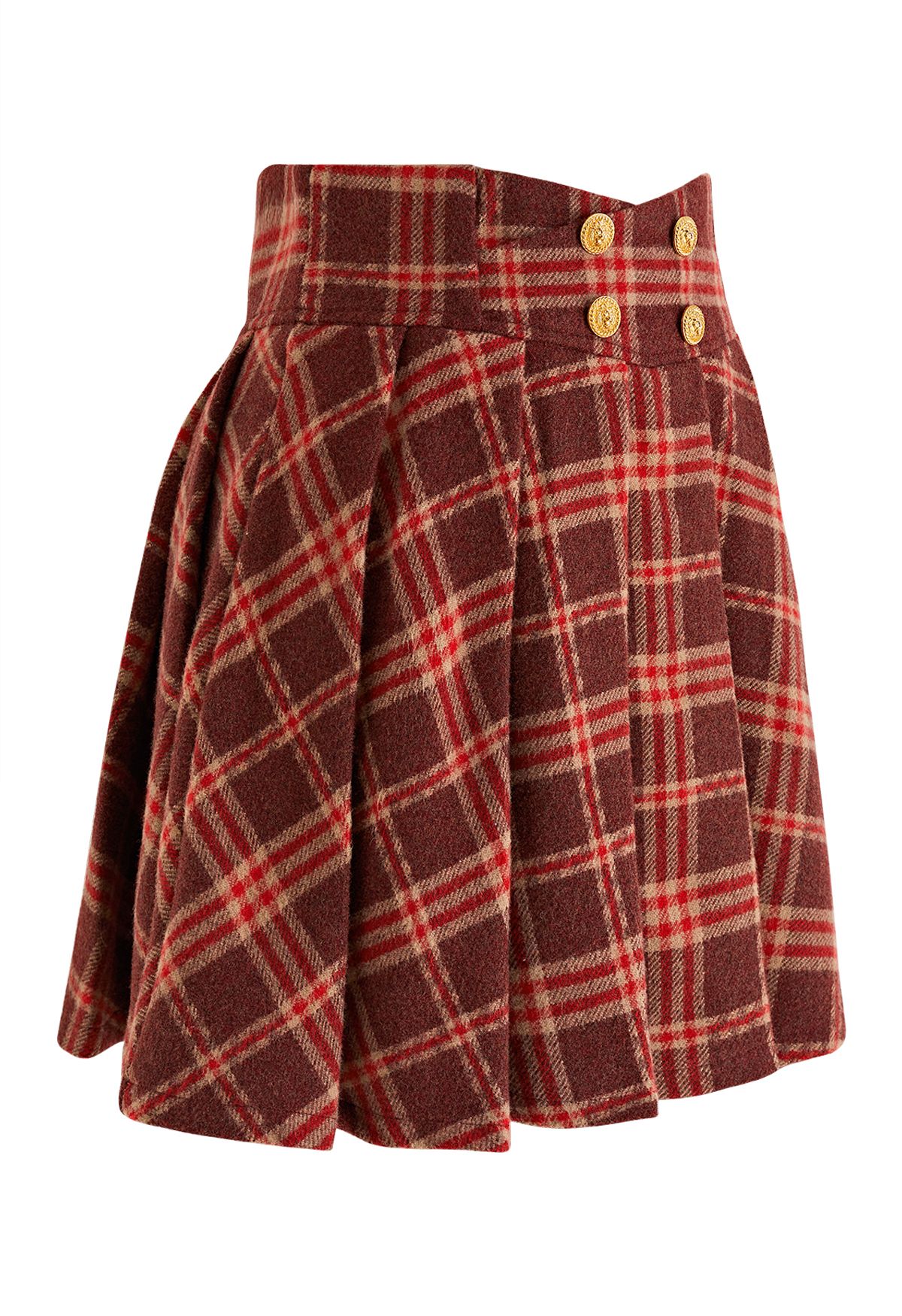 Golden Button Pleated Flare Mini Skirt in Red Plaid
