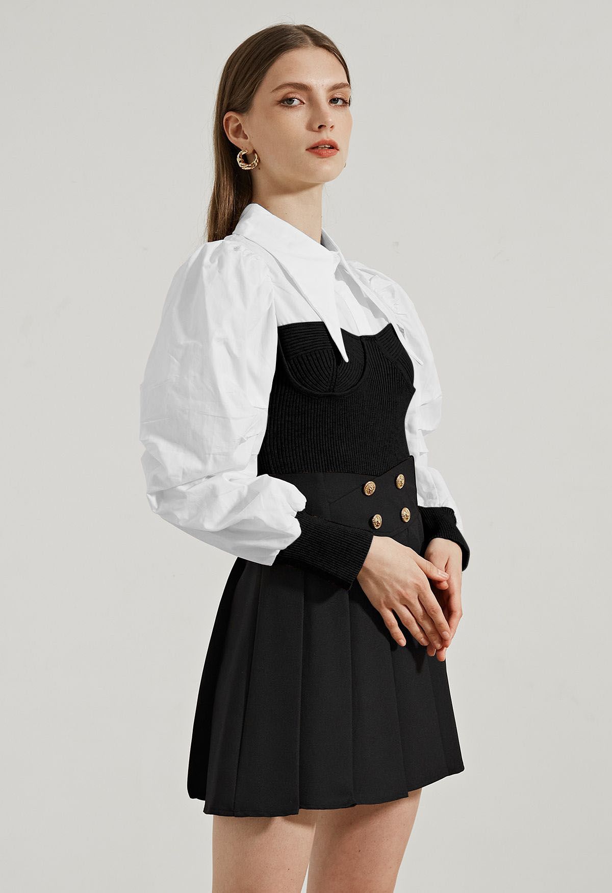Pointed Collar Puff Sleeve Spliced Top in Black - Retro, Indie and ...