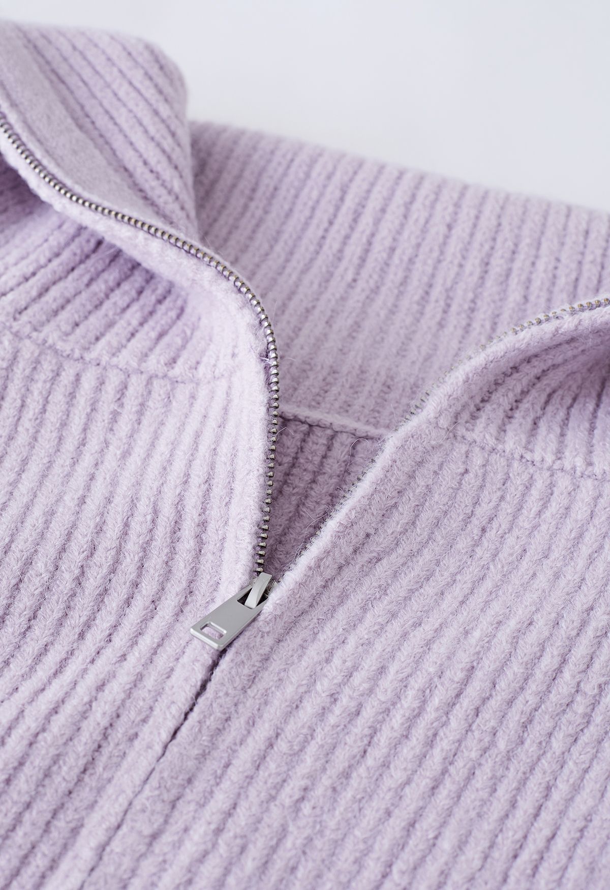 Flap Collar Zipper Ribbed Knit Cardigan in Lilac