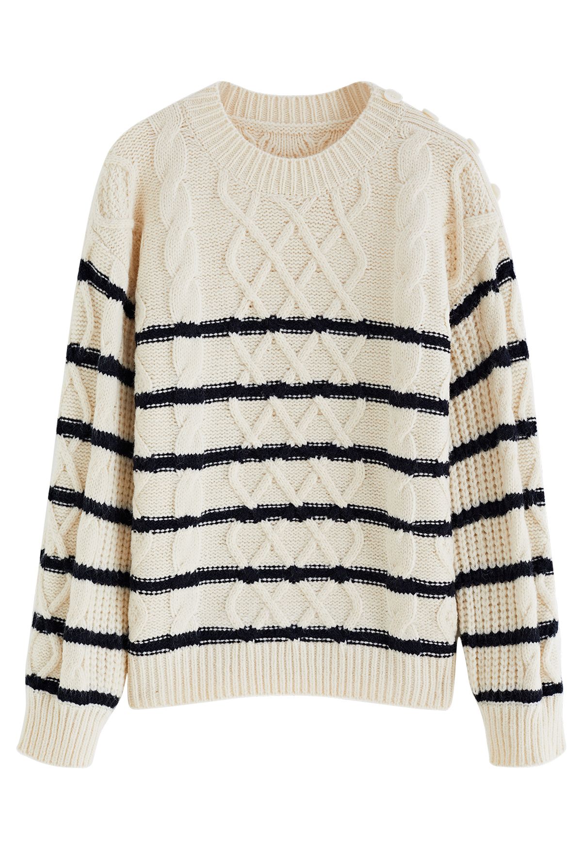 Buttoned Shoulder Striped Cable Knit Sweater - Retro, Indie and Unique  Fashion