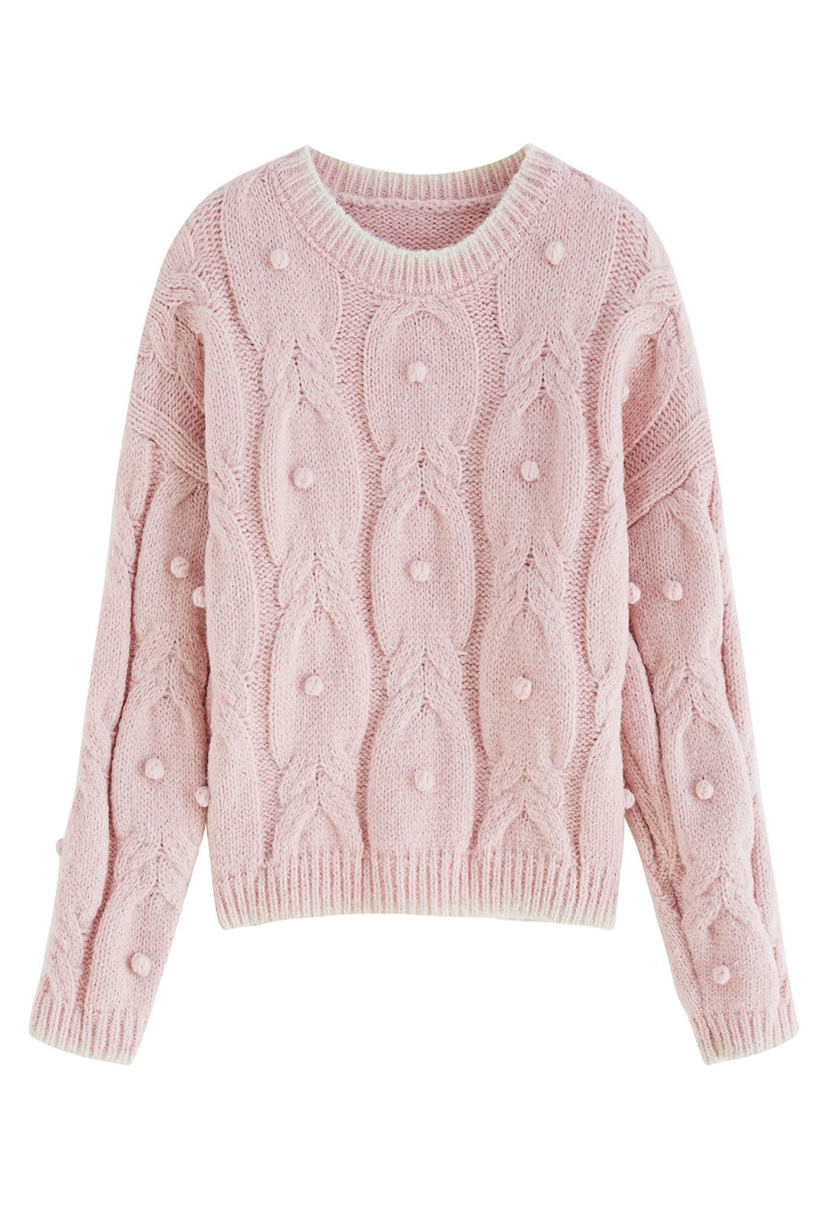 Contrast Edge Pom-Pom Cable Knit Sweater in Pink - Retro, Indie and ...