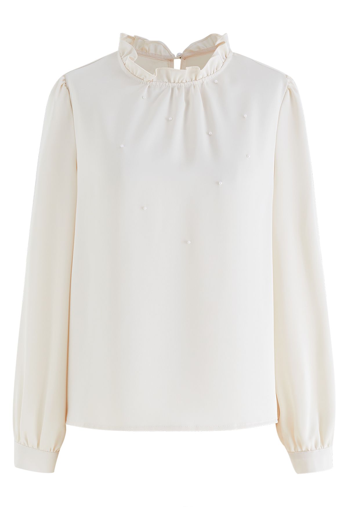 Ruffled Neckline Pearl Embellished Satin Shirt in Cream
