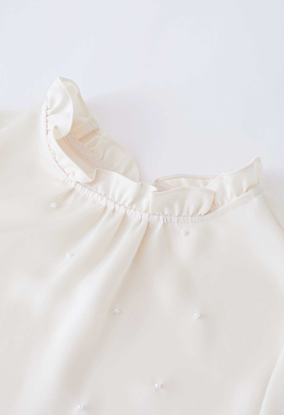 Ruffled Neckline Pearl Embellished Satin Shirt in Cream