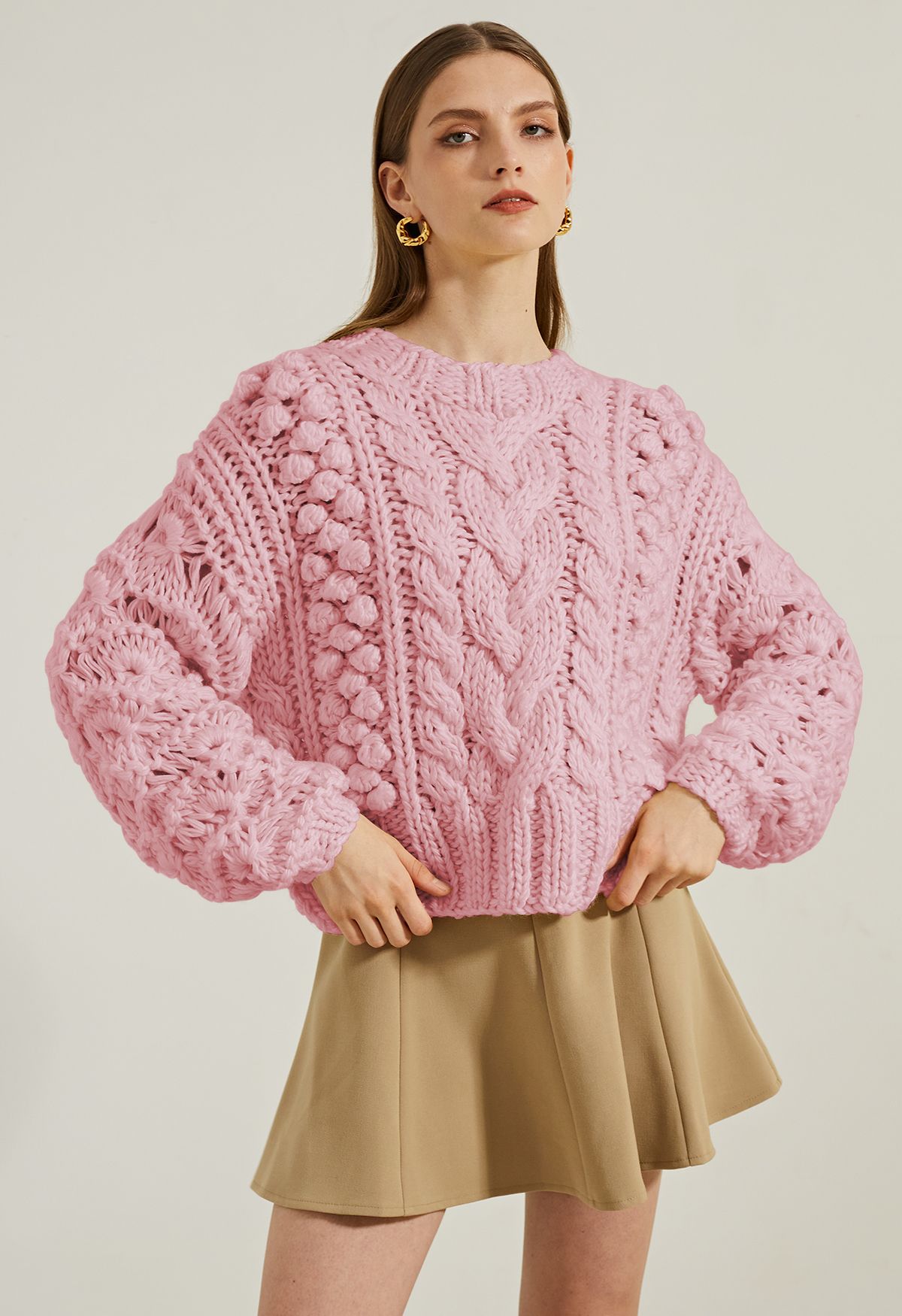Crew Neck Pointelle Pom-Pom Knit Sweater in - Retro, Indie and