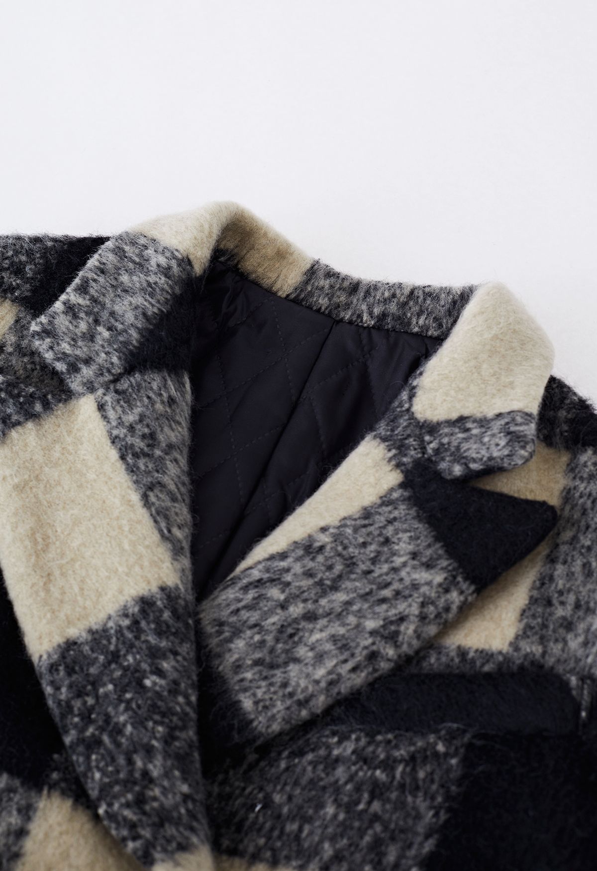 Plaid Peaked Lapel Wool-Blend Longline Coat in Black