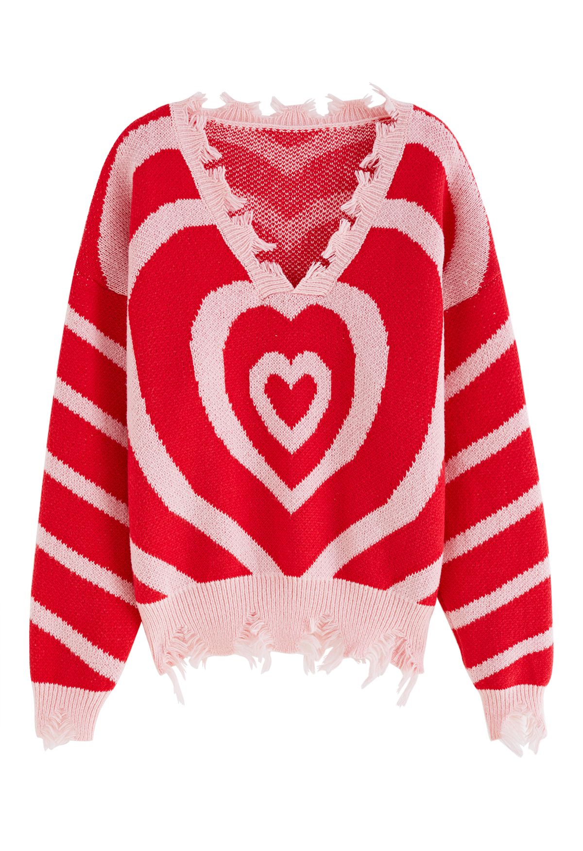 Multilayer Heart Frayed Edge Knit Sweater in Red - Retro, Indie and ...