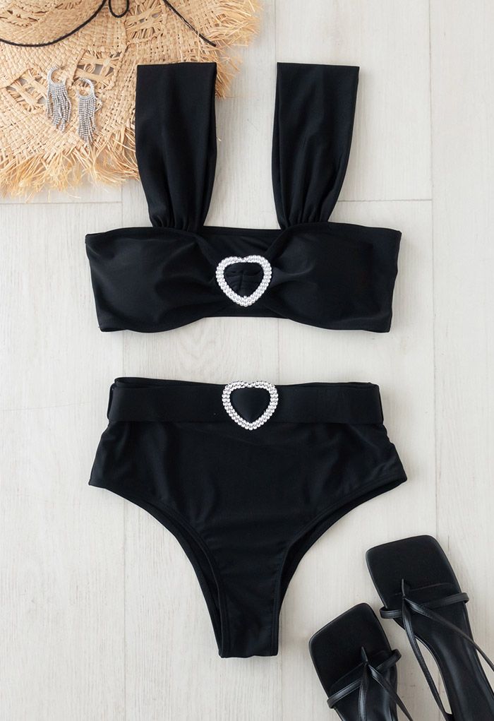 Crystal Heart Strappy Bikini Set in Black
