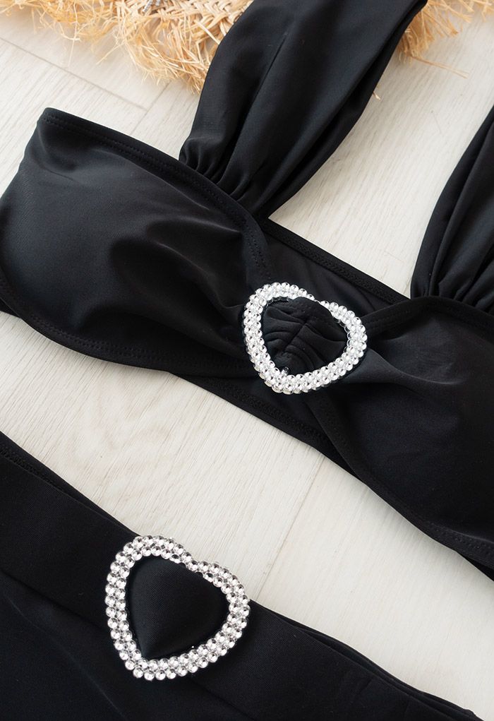 Crystal Heart Strappy Bikini Set in Black