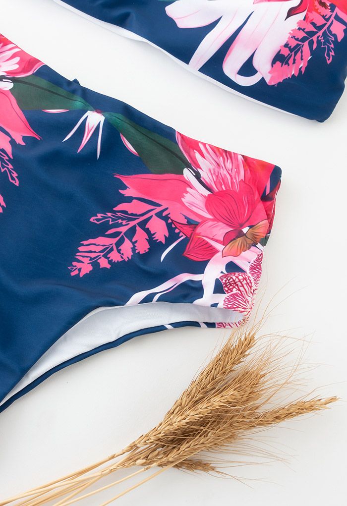Pinky Floral Ruffle One-Shoulder Bikini Set in Navy